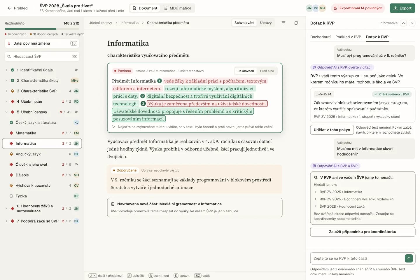 Ukázka editoru revize: povinná změna v textu předmětu s vysvětlením a odpovědí na dotaz k RVP