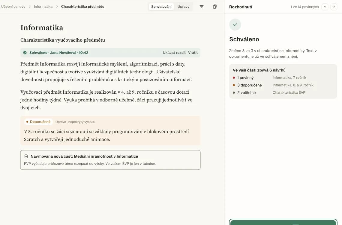 Ukázka editoru: schválená změna a přehled návrhů, které v části zbývají
