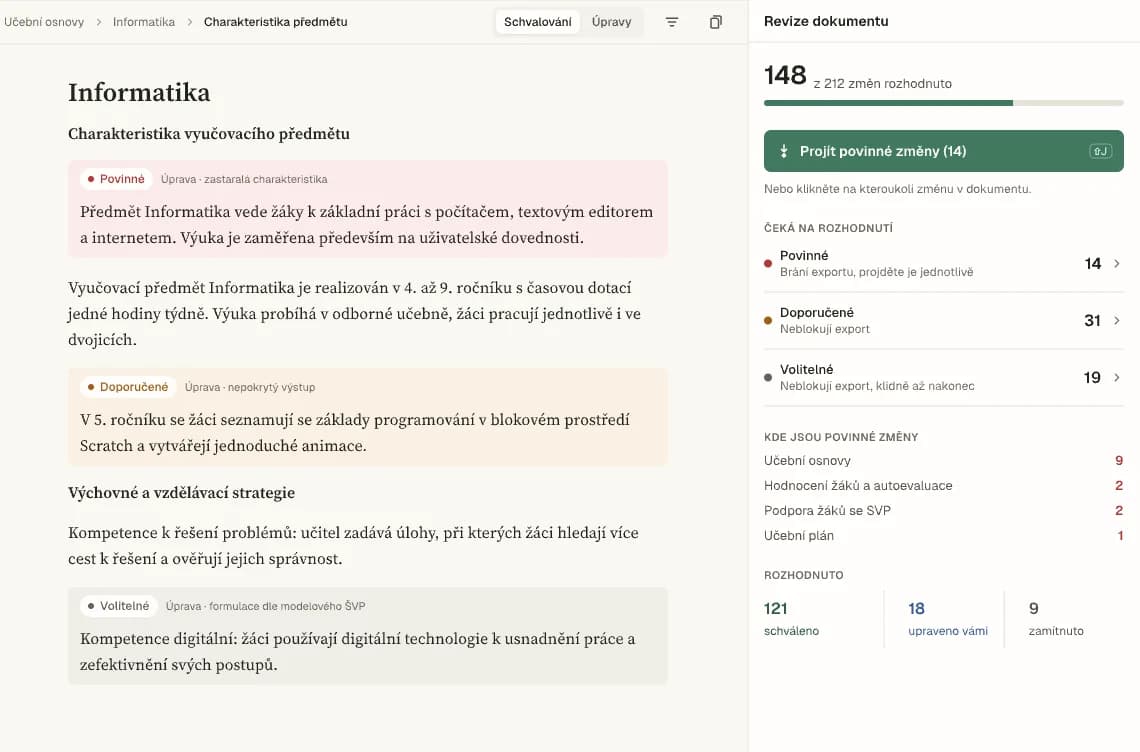 Ukázka přehledu revize: povinné, doporučené a volitelné změny a kde v dokumentu jsou